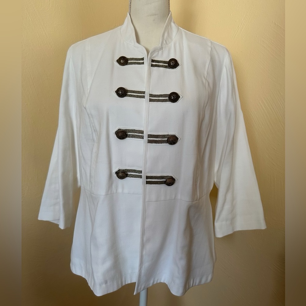 Chico's White Military Peplum Jacket Blazer Bronze Buttons & Details
